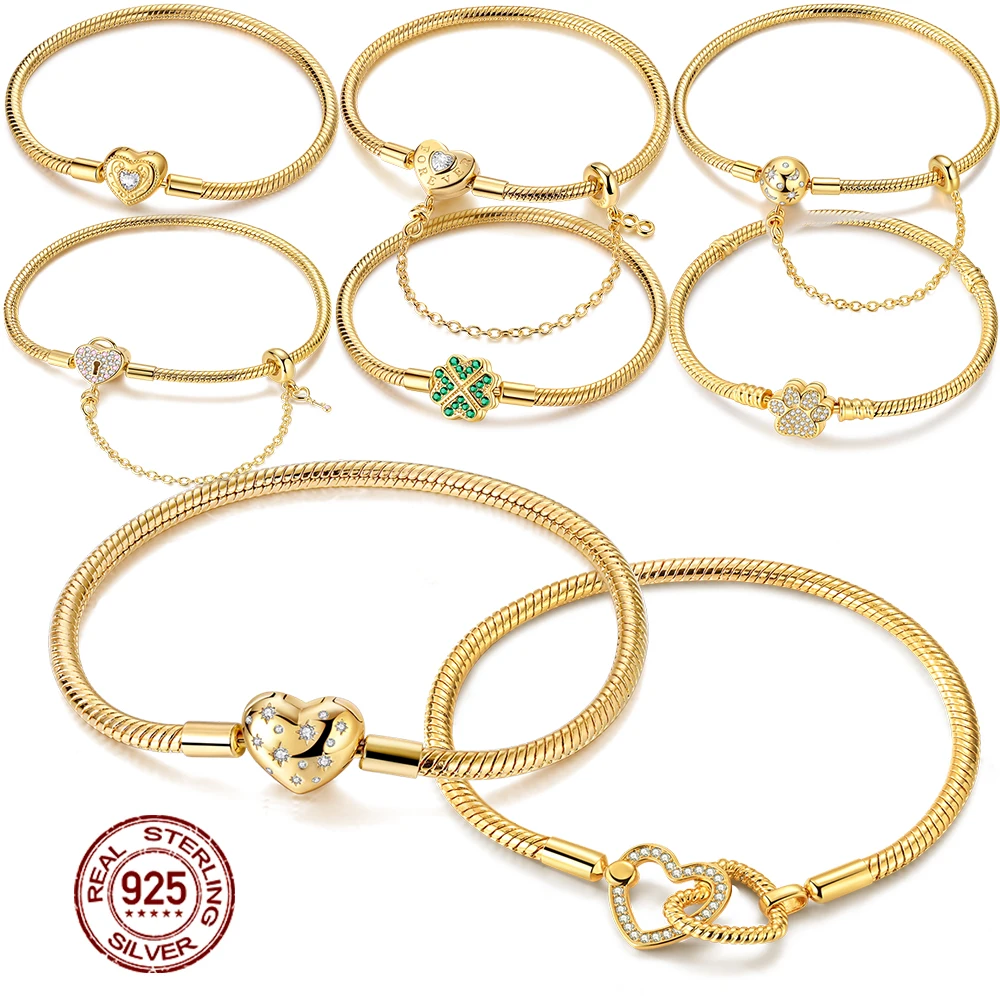 오리지널 팔찌 925 스털링 실버 참 팔찌 17-20CM 골든 하트 러브 키 클로버 팔찌 뱅글 여성용 주얼리 선물