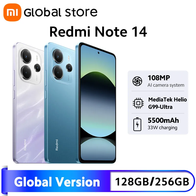 새로운 글로벌 버전 샤오미 레드미 노트 14 스마트폰 128GB / 256GB ROM 33W 미디어텍 Helio G99-Ultra 120Hz AMOLED 108MP 5500mAh