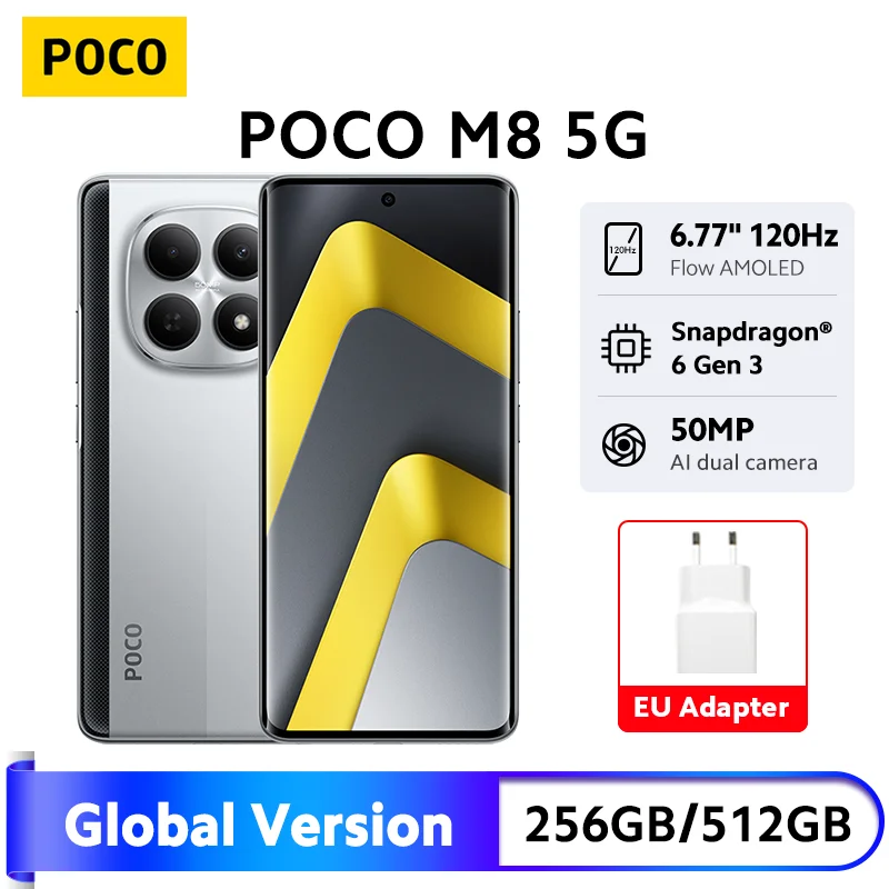 새로운 POCO M8 5G 스마트폰 글로벌 버전 스냅드래곤 ®   6세대 3 50MP 카메라 6.77인치 120Hz AMOLED 디스플레이 5520mAh 45W 충전 NFC