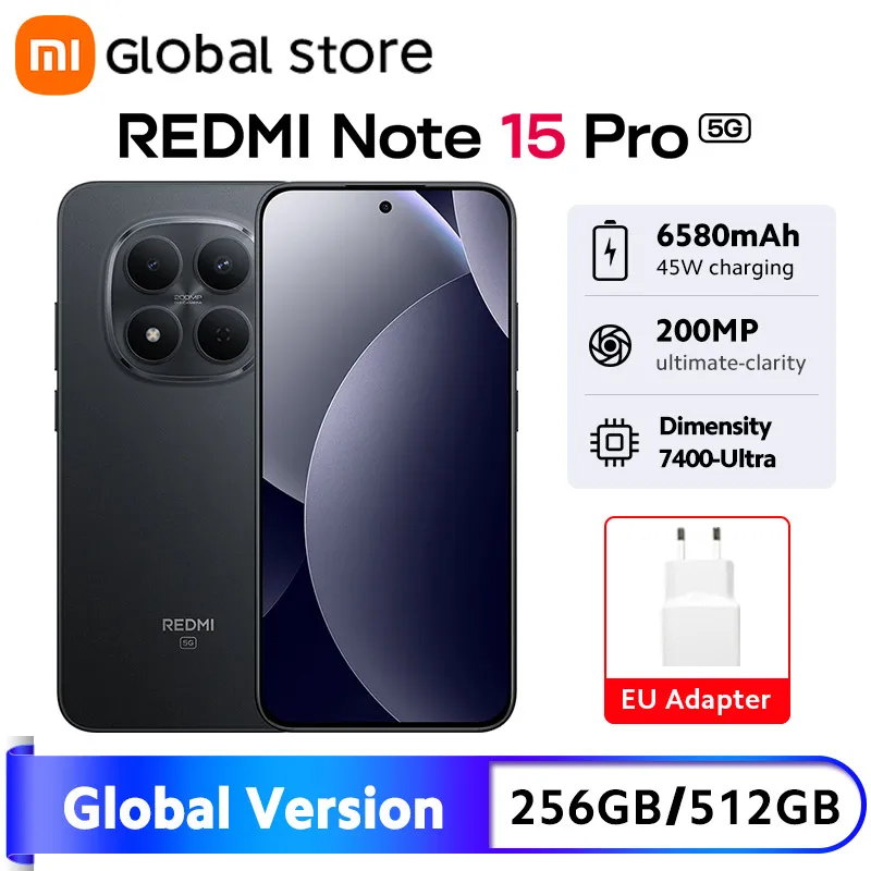 글로벌 버전 샤오미 레드미 노트 15 프로 5G 스마트폰 6.83인치 AMOLED 디스플레이 200MP 카메라 45W 6580mAh MTK 디멘시티 7400-울트라 NFC