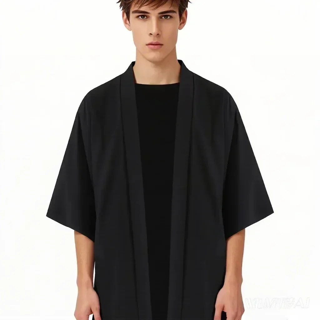 남성용 일본식 기모노 셔츠 캐주얼 오픈 스티치 경량 유카타 패션 블랙 가디건 여름 휴가용 3/4 슬리브 아웃웨어