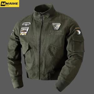 레트로 폭격기 재킷 남자 가을 봄 자수 비행기 파일럿 카고 재킷 남성 스탠드 칼라 자수 전술 코트