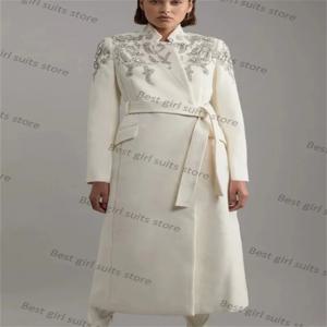 여성용 화이트 캐시미어 울 정장, 블레이저 오버코트, 크리스탈 포멀 오피스 레이디 무도회 재킷, 벨트가 달린 맞춤형 코트, 1 피스