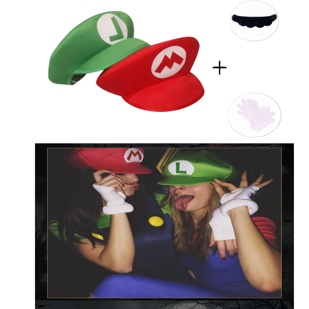 할로윈 루이지 슈퍼브라더스 수염 장갑을 장착한 만화 빨간색 녹색 모자는 애니메이션 캐릭터 의상을 장식합니다.