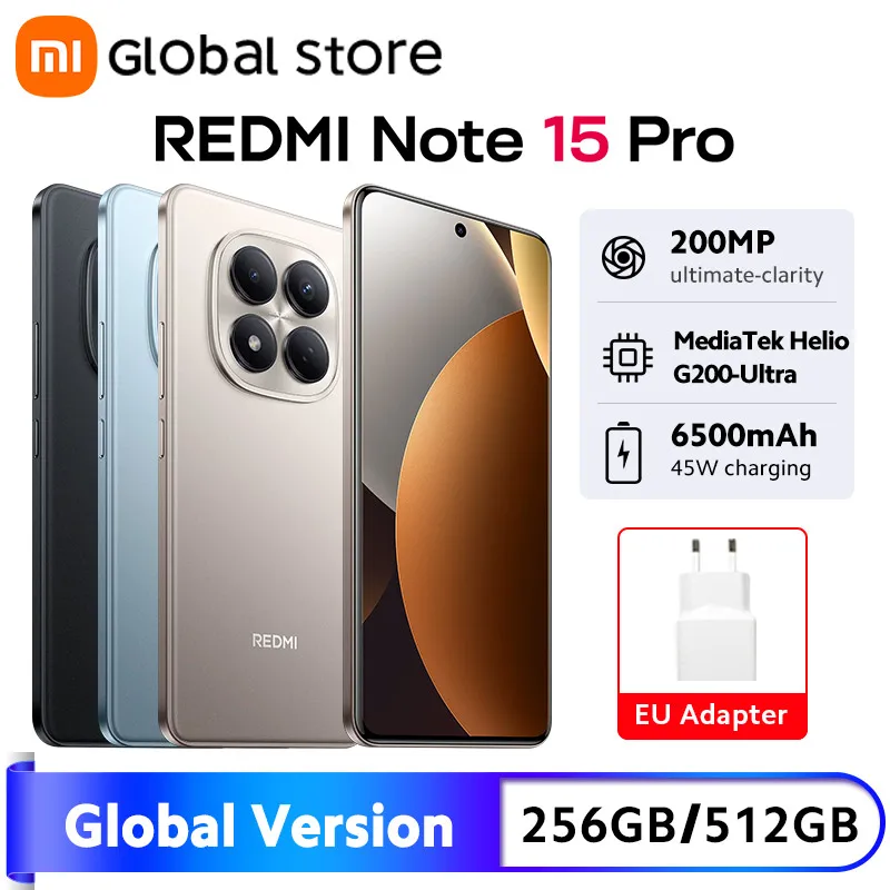 글로벌 버전 샤오미 레드미 노트 15 프로 4G 스마트폰 MTK Helio G200-울트라 6.77인치 AMOLED 디스플레이 200MP 카메라 45W 6500mAh 배터리