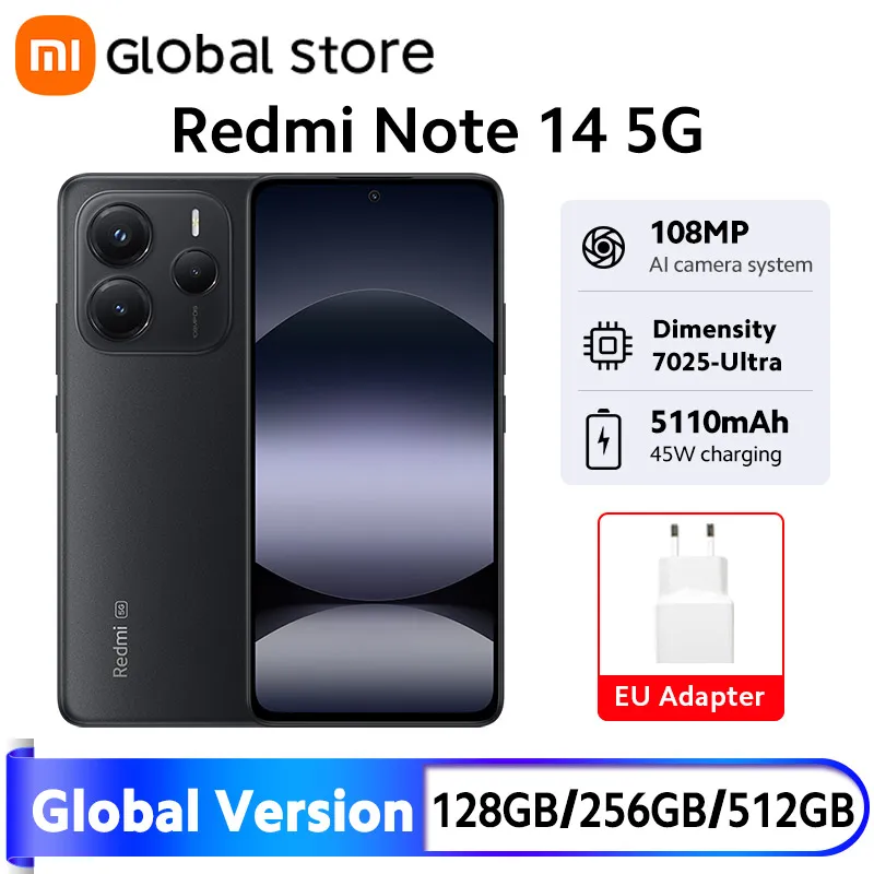 글로벌 버전 샤오미 레드미 노트 14 5G 스마트폰 MTK 디멘시티 7025-울트라 45W 터보 충전 NFC 108MP 카메라