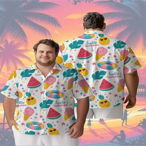 남성용 플러스 사이즈 하와이안 셔츠 수박, 파인애플, 아이스크림 및 수영 반지 패턴, 새로운 여름 패션 탑, 힙합 록