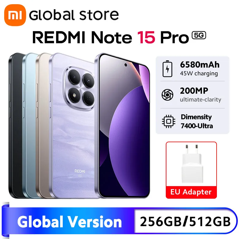 글로벌 버전 샤오미 레드미 노트 15 프로 5G 스마트폰 MTK 디멘시티 7400-울트라 6.83인치 AMOLED 디스플레이 200MP 카메라 45W 6580mAh