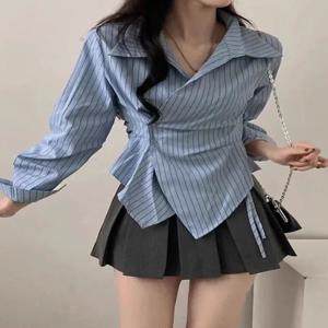 한국 디자인 불규칙 허리 가을 셔츠 스트라이프 대학 스타일 긴팔 슬리밍 탑 여성 소녀 캐주얼 패션