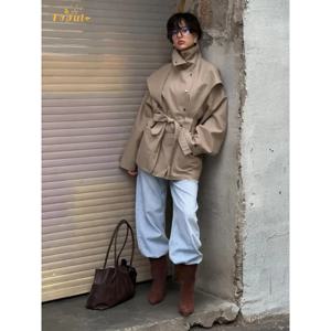 레이스업 스탠드 칼라 트렌치코트 여성 시크 라펠 싱글 브레스티드 허리 조임 여성 가을 출퇴근 스트리트 코트