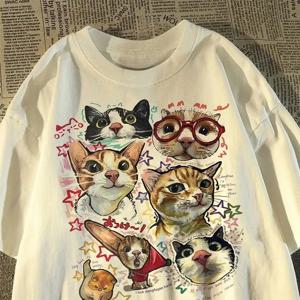 아메리칸 레트로 재미 있은 만화 고양이 인쇄 반팔 티셔츠 여성 여름 루즈 탑 티셔츠 그래픽 T 셔츠 여성 의류 Y2K