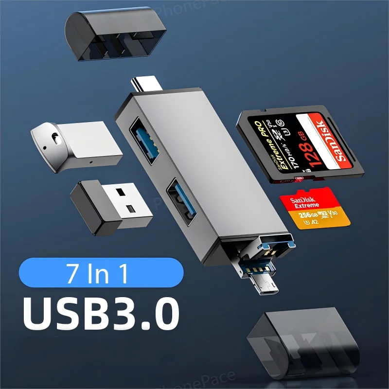 7 in 1 다기능 USB 3.0 카드 리더기 마이크로 TF SD 카드 메모리 리더기 USB 플래시 드라이브 타입 C 카드 어댑터 OTG