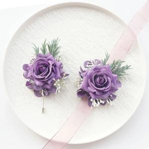 2Pcs 세트 보라색 로즈 샴페인 웨딩 손목 코사지 및 Boutonniere 신부 들러리 남자 신랑 Wedg 꽃 액세서리 세트