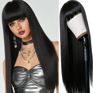 26인치 블랙 스트레이트 합성 가발 (앞머리 포함), 고밀도 - 자연스러운 스타일, 여성에게 적합, 데일리룩 및 음악 활동에 완벽