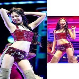 블랙핑크 제니에서 영감을 받은 재즈 헬스 댄스 공연 의상 한국 스타일 무대 공연복 여름 신상 PU 소재