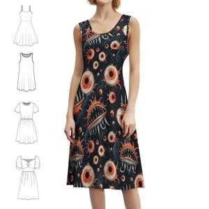 심연 속의 무서운 눈과 이빨 패턴-스케리-할로윈 보헤미안 민소매 드레스 멀티 프린트 비치 휴가 파티 드레스 무서운