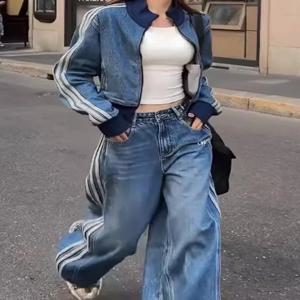 블루 데님 세트 시크 홍콩 스타일 올드머니 느낌 봄 가을 여성 청바지 의상 편안하고 따뜻한 루즈핏 내추럴 허리라인