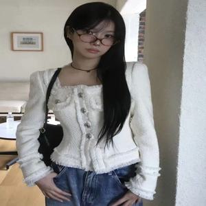 우아한 짧은 트위드 재킷 여성 패션 슬리밍 허리 디자인 달콤한 스타일 한국식 루즈핏 폴리에스터 섬유 코트