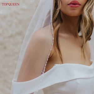 TOPQUEEN V107 롱 신부 베일 크리스탈 비즈 웨딩 베일 크리스탈 엣지 1 단 슈퍼 소프트 신부 숏 베일