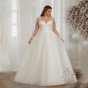 목옥 맞춤형 웨딩 드레스, 브이넥 신부 가운, 레이스 아플리케, 백 레이스업 얇은 명주 그물, A 라인 스윕 트레인