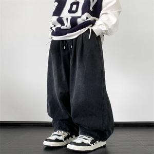 레트로 워싱 와이드 레그 남성 청바지 루즈 스트레이트 캐주얼 롱 팬츠 트렌디 미드 웨이스트 노 스트레치 데님 (십대용)