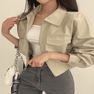 프리미엄 짧은 PU 가죽 자켓 여성용 한국 스타일 루즈핏 폴로 칼라 슬리밍 가을 겨울 코트 긴팔 일반 길이