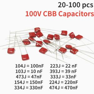 20-100PCS 100V CBB 커패시터 폴리프로필렌 필름 커패시터 104J 100nF 154J 150nF 224J 220nF 334J 330nF 474J 470nF