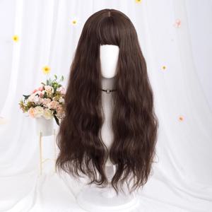 로리타 합성 머리 긴 물결 모양의 보라색 녹색 검정색 파란색 갈색 여성 코스프레 가발과 앞머리 코스프레 일일 파티
