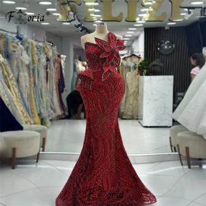 레드 럭셔리 인어 이브닝 드레스, 구슬 장식 3D 아플리케 나뭇잎, 웨딩 파티 가운