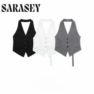 2025 여성 신상 블라우스 여름 핫셀 여성 조끼 패션 섹시 홀터넥 폴리에스터 섬유 조끼 버클 리본 스타일