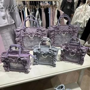 여성용 일본 스타일 광산 가방, 러플 레이스 로리타 걸스, Rhienstone 진주 나비 매듭, 스퀘어 토트 숄더, 휴대용 볼소 핸드백