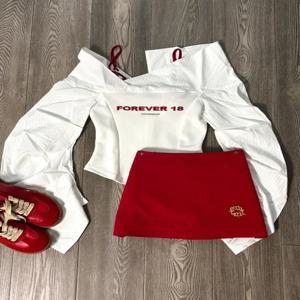 가을 Y2k 우아한 3 조각 세트 여자 매운 여자 격자 무늬 브래지어 + 흰색 인쇄 긴 소매 탑 + 레드 세련된 미니 스커트 한국 패션