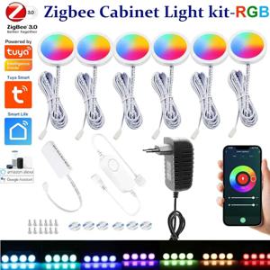 투야 지그비 DC12V RGB LED 언더 캐비닛 라이트 디밍 가능 퍽 라이트 음성 제어 페스티벌 옷장 침실 주방 알렉사 구글