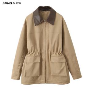 여성용 카키 스플라이싱 인조 가죽 라펠 사파리 코트, 앞 포켓 2 개, 탄성 허리 지퍼 재킷, 루즈 아우터, 2025 용수철