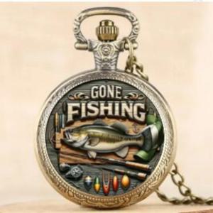 독특한 Gone Fishing 패턴 디자인 펜던트 체인이 있는 석영 회중시계 - 세계 시간 기능, 남성과 청소년을 위한 훌륭한 선물