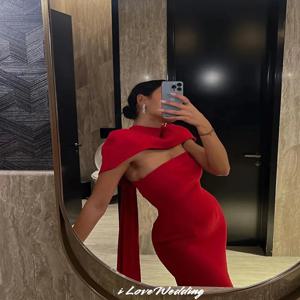 레드 Strapless 이브닝 드레스 2025 새틴 인어 목도리 바닥 길이 Pleated 공식 댄스 파티 드레스 웨딩 게스트 드레스 맞춤형