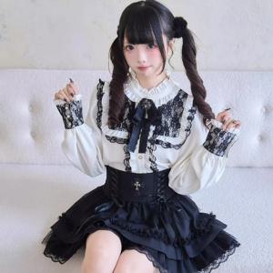 일본 고딕 Y2k 로리타 스타일 스커트 세트 여성 하라주쿠 다크 레이스 보우 셔츠 스트라이프 미니 케이크 스커트 여성 패션 슬림 Outfitn