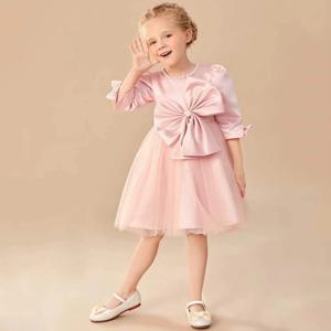 진주 O-넥 대형 활 새틴과 얇은 명주 그물 A 라인 맞춤형 아기 생일 파티 가운과 3/4 소매 꽃의 소녀 드레스