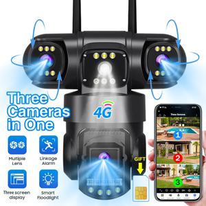 Sim 카드가 장착된 4G 카메라 12MP 6K 3개의 렌즈 3개의 스크린 모니터 야간 투시경 보안 보호 V380 Pro PTZ 비디오 감시