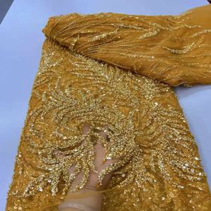 골드 럭셔리 아프리카 신랑 스팽글 레이스 원단 고품질 2025 헤비 비즈 자수 프랑스 튤 레이스 웨딩 드레스용