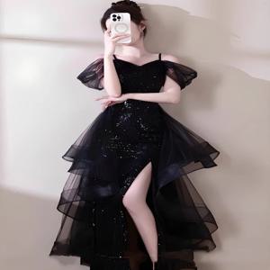 우아한 블랙 스트랩리스 이브닝 가운 여성용 럭셔리 섹시 하이엔드 프린세스 스타일 미드웨이스트 A라인 스커트 롱 드레스