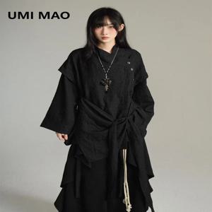 UMI MAO 불규칙 레이스업 디자인 중국풍 스탠드 칼라 셔츠 남녀공용 긴팔 셔츠 페이크 투피스 탑 Y2K
