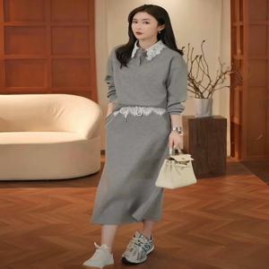 2026년 봄 패션 캐주얼 레이스 패치워크 스웨트셔츠 하프 스커트 투피스 세트 안티에이징 트렌디 우아한 스타일 폴리에스터 혼방