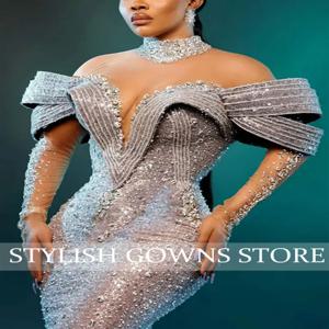 아소 에비 럭셔리 실버 레이스 비즈 이브닝 드레스 2025 레이스업 백 아프리칸 머메이드 프롬 드레스 맞춤형 웨딩 파티 가운