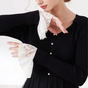 화이트 여성용 레이스 플로럴 탈부착 가능한 소매 가짜 커프스 여성용 플리츠 플레어 소매 가짜 커프스 러플 손목 장식