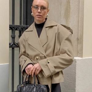 2025 여성 가을 레이스업 크롭 트렌치코트 패션 라펠 긴 소매 와이드 숄더 윈드브레이커 재킷 출퇴근용 데일리 재킷