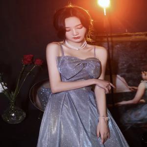 블루 롱 시퀸 원숄더 이브닝 가운  신상 스트랩리스 플로어 기장 여성 드레스 (콘서트, 연주, 웨딩용)