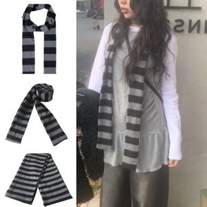 Y2K 블랙 그레이 스트라이프 스카프 여성용 코튼 롱 스카프 초커 스카프 펑크 스키니 얇은 넥 워머 넥 랩 넥웨어 액세서리