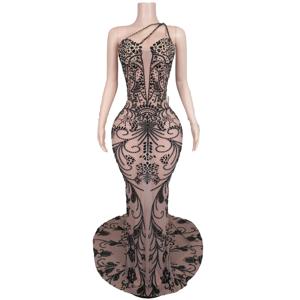 야단 우아한 여성 이브닝 드레스 블랙 라인스톤 투명 메쉬 불규칙 드레스 셀럽 레드카펫 디너 파티 드레스