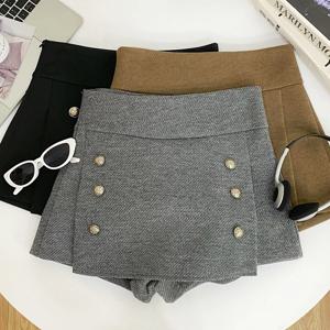 하이웨이스트 A라인 와이드 레그 팬츠 숏 스커트 더블 브레스티드 트위드 여성 패션 가을 겨울 신상 레트로 스트레이트 컷
